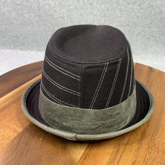 Fedora Hat Cotton Trilby Fitted Men L/XL Black Gray Pinstripe Faux Leather Band - Picture 4 of 13